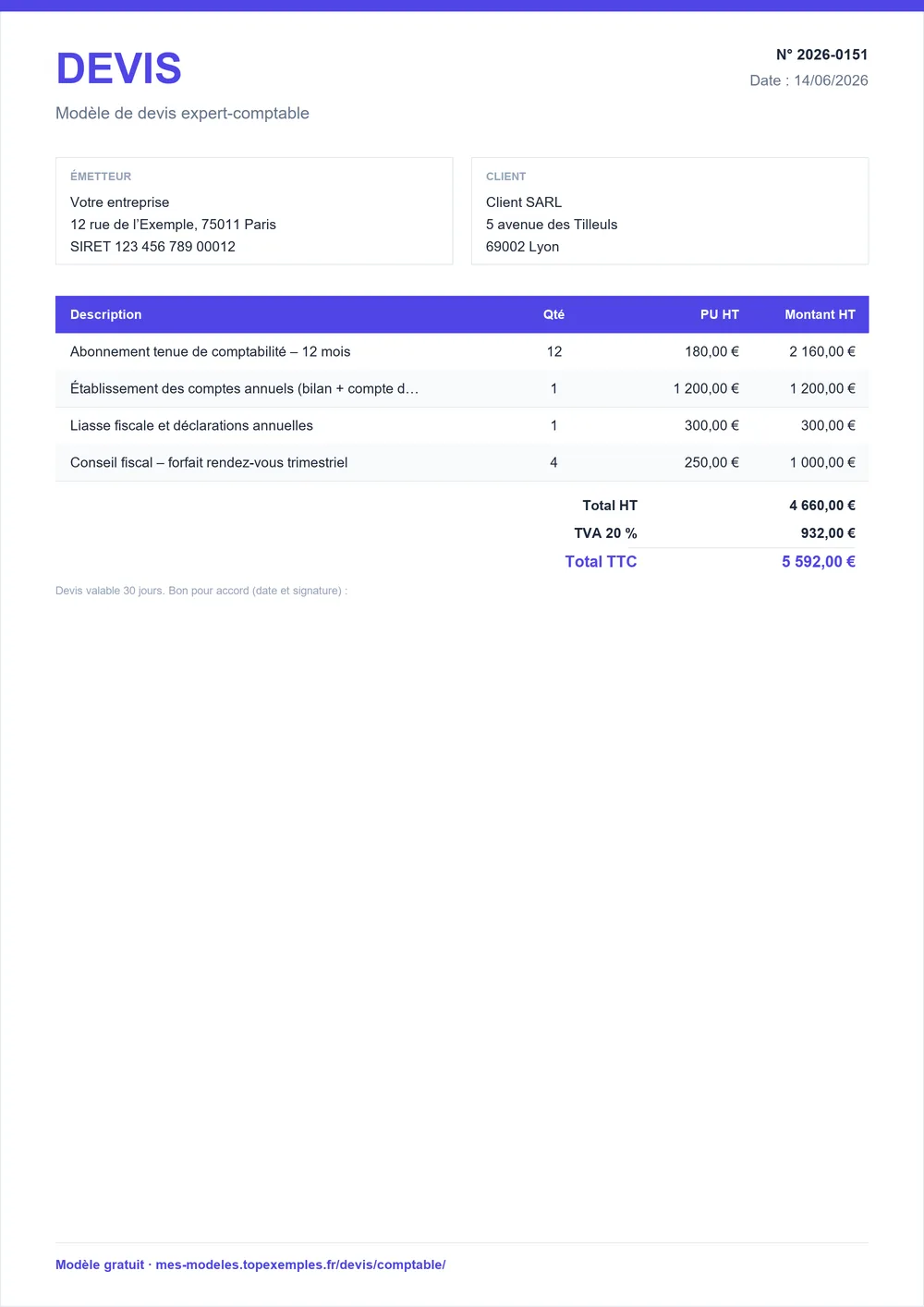 Aperçu : Modèle de devis expert-comptable (exemple rempli, modèle gratuit)