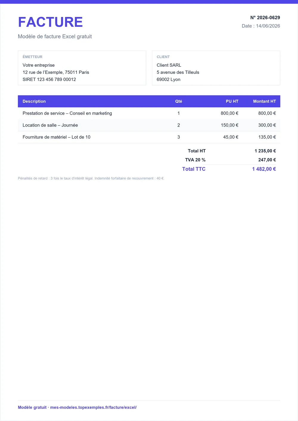 Aperçu : Modèle de facture Excel gratuit (exemple rempli, modèle gratuit)
