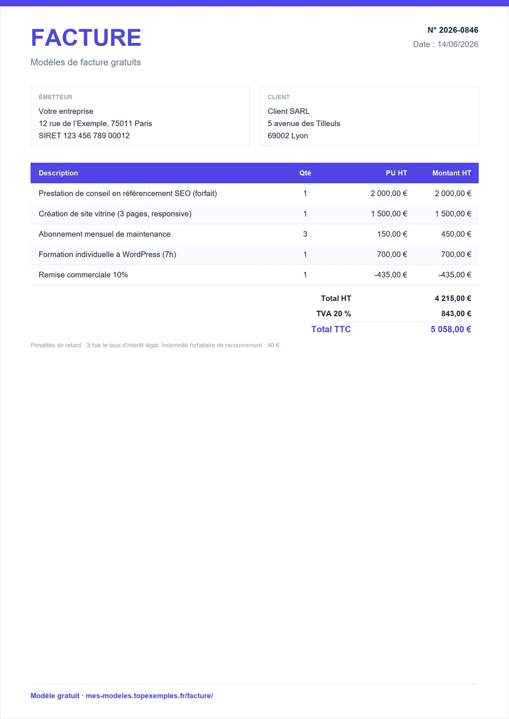 Aperçu : Modèles de facture gratuits (exemple rempli, modèle gratuit)
